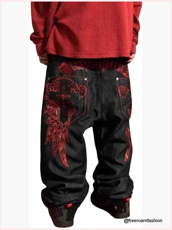 Other - Men's Gothic Skull Embroidered Denim Jeans Y2K Hip-Hop Wide Leg Fit